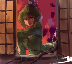 Rule 34 | 1girl, black hat, branch, crying, crying with eyes open, dress, ghost, green dress, green eyes, green hair, hat, hug (artist), hug (yourhug), leaf, long sleeves, looking at viewer, matching hair/eyes, open mouth, red sky, short hair, sky, soga no tojiko, solo, tears, touhou, window
