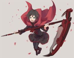 Rule 34 | 1girl, black hair, boots, breasts, cape, crescent rose, gothic lolita, lolita fashion, pantyhose, red cape, ruby rose, rwby, scythe, short hair, grey eyes, solo