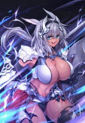 Rule 34 | 1girl, animal ears, armor, bikini, black gloves, black thighhighs, blue eyes, body markings, breasts, caenis (fate), dark-skinned female, dark skin, elbow gloves, electricity, fate/grand order, fate (series), faulds, gauntlets, gloves, hair intakes, headpiece, highleg, highres, large breasts, long hair, looking at viewer, navel, open mouth, pauldrons, polearm, shield, shoulder armor, smile, solo, spear, swimsuit, tattoo, thighhighs, thighs, weapon, yoh0cid