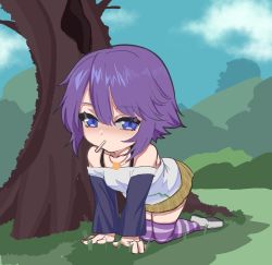 Rule 34 | 1girl, absurdres, all fours, beige skirt, blue eyes, chibi, family guy, highres, in mouth, kowai (iamkowai), mountain, off shoulder, peter griffin, plaid, plaid skirt, purple thighhighs, rosario+vampire, shirayuki mizore, shirt, short hair, silhouette, skirt, solo, striped clothes, striped thighhighs, thighhighs, white shirt
