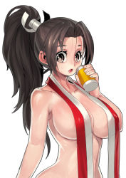 Rule 34 | :o, absurdres, breasts, brown eyes, brown hair, cleavage, fatal fury, fengmo, high ponytail, highres, large breasts, long hair, looking at viewer, open mouth, ponytail, shiranui mai, simple background, solo, sweatdrop, the king of fighters, white background