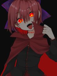 Rule 34 | 1girl, black background, black shirt, bow, bright pupils, cloak, hair bow, highres, long sleeves, looking at viewer, open mouth, purple bow, red eyes, red hair, scar, sekibanki, sekibanki day, shirt, short hair, simple background, solo, tongue, touhou, upper body, white pupils, yami nabe