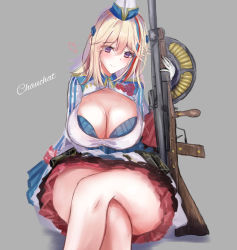 Rule 34 | 1girl, absurdres, alternate costume, arm behind back, automatic rifle, bare legs, blonde hair, blush, breasts, character name, chauchat, chauchat (girls&#039; frontline), cleavage, crossed legs, girls&#039; frontline, gloves, grey background, gun, hand on back, hat, heart, heart print, highres, holding, holding weapon, large breasts, light machine gun, long hair, looking at viewer, machine gun, martinreaction, multicolored hair, purple eyes, sitting, smile, solo, weapon, white gloves, white hat