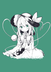 Rule 34 | 1girl, :o, absurdres, black hat, blouse, blush, closed mouth, collared shirt, eyeball, frilled shirt collar, frilled sleeves, frills, gloves, green background, green eyes, green theme, hands on own chin, hat, hat ribbon, heart, heart of string, highres, komeiji koishi, limited palette, long sleeves, medium hair, ribbon, sabatuki, shirt, simple background, skirt, solo, third eye, touhou, wide sleeves