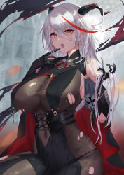 Rule 34 | 1girl, absurdly long hair, absurdres, aegir (azur lane), azur lane, bare shoulders, black cape, black gloves, blurry, blurry background, bodystocking, bodysuit, breast curtains, breasts, cape, commentary, covered navel, cowboy shot, cross, cross earrings, demon horns, earrings, elbow gloves, fishnets, gloves, hair between eyes, hair on horn, hand up, highres, holding, holding own hair, horns, iron cross, jewelry, large breasts, long hair, looking at viewer, multicolored hair, open mouth, red cape, red hair, satou aji, sidelocks, sitting, solo, streaked hair, swept bangs, taut clothes, tongue, tongue out, torn bodysuit, torn clothes, two-tone cape, two-tone hair, very long hair, white hair, yellow eyes
