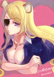 Rule 34 | 10s, 1girl, angelica (show by rock!!), animal ears, blonde hair, breasts, cleavage, crossed arms, eyepatch, jewelry, large breasts, long hair, looking at viewer, lying, momoshiki tsubaki, necklace, on stomach, pink background, purple eyes, show by rock!!, simple background, solo, twitter username