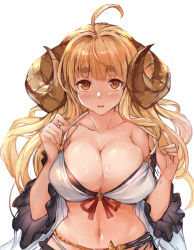 Rule 34 | 1girl, ahoge, anila (granblue fantasy), anila (summer) (granblue fantasy), belly chain, bikini, blonde hair, blush, breasts, detached sleeves, draph, fumikiri, granblue fantasy, highres, horns, jewelry, large breasts, long hair, looking at viewer, navel, sheep horns, short eyebrows, simple background, solo, swimsuit, thick eyebrows, wet, white background, white bikini, wide sleeves, yellow eyes