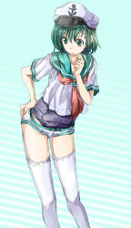 Rule 34 | 1girl, anchor hat ornament, aqua background, blue one-piece swimsuit, clothes pull, gradient background, green eyes, green hair, hand on own ass, hat, hat ornament, matching hair/eyes, murasa minamitsu, neckerchief, one-piece swimsuit, red neckerchief, short hair, short shorts, shorts, shorts pull, solo, striped, striped background, swimsuit, swimsuit under clothes, thighhighs, touhou, white background, white hat, white thighhighs, yohane