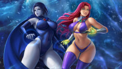 1girl 2girls age_difference aged_up alien bad_tag belt big_breasts bikini bikini_bottom bikini_top blue_eyes blue_hair boots bracelet breasts cape cleavage clothes collar colored colored_skin curvy dc_comics eyelashes eyeshadow female_focus flowerxl forehead_jewel glowing glowing_eyes green_eyes grey_skin jewelry leotard lesbian_couple lipstick long_hair looking_away makeup medium_hair midriff multiple_females multiple_girls narrow_waist navel no_bra no_panties no_underwear orange_skin purple_lips purple_thighhighs raven_(dc) red_hair revealing_clothes round_ears simple_background starfire stomach straight_hair superhero_costume swimsuit tamaranean teen_titans teeth thick_thighs thighhighs thighs tight_clothes uncensored uniform very_long_hair wide_hips young_adult_female young_adult_woman