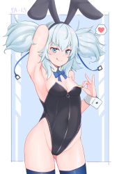 Rule 34 | 1girl, :q, alternate costume, animal ears, arm behind head, armpits, bare shoulders, black leotard, blue bow, blue bowtie, blue eyes, blue thighhighs, blush, bow, bowtie, breasts, cleavage, commentary request, covered navel, cowboy shot, detached collar, fake animal ears, girls&#039; frontline, groin, hair between eyes, hand up, heart, highres, leotard, leotard pull, licking lips, maxdeng, medium hair, pa-15 (girls&#039; frontline), playboy bunny, pulling own clothes, rabbit ears, silver hair, skin tight, small breasts, solo, spoken heart, thighhighs, tongue, tongue out, twintails, wrist cuffs