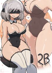 Rule 34 | 1girl, 2b (nier:automata), absurdres, arm support, black bow, black bowtie, black leotard, blindfold, blush, bow, bowtie, breasts, cleavage, collarbone, curvy, detached collar, fake tail, gloves, grey background, grin, hands on own hips, heart, highleg, highleg leotard, highres, large breasts, leotard, looking at viewer, maid, maid headdress, multiple views, nier:automata, nier (series), playboy bunny, rabbit tail, shiny skin, short hair, sitting, smile, sparkle, speech bubble, spoken heart, square enix, standing, stool, tail, teeth, thick thighs, thighhighs, thighs, thong leotard, tony welt, white background, white gloves, white thighhighs, wide hips, wrist cuffs, zoom layer