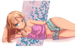 Rule 34 | 1girl, armpits, bare shoulders, blue eyes, bow, bow panties, breasts, brown hair, camisole, casual, commentary request, flat chest, head rest, highres, hip focus, kousaka kirino, long hair, looking at viewer, lying, navel, on side, open fly, ore no imouto ga konna ni kawaii wake ga nai, panties, short shorts, shorts, simple background, small breasts, solo, tan, thigh gap, underwear, uneven eyes, unzipped, white background, yuki mura, yuki mura (fdg5w2f)