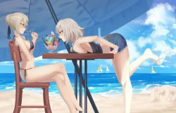 Rule 34 | 2girls, absurdres, alternate costume, artoria pendragon (all), artoria pendragon (fate), barefoot, beach, bent over, bikini, black bikini, black ribbon, black shirt, blue shorts, breast press, breasts, cloud, cloudy sky, covered erect nipples, crossed arms, day, eye contact, fate (series), feet, food, from side, hair ribbon, highres, ice cream, jeanne d&#039;arc (fate), jeanne d&#039;arc (ruler) (fate), jeanne d&#039;arc alter (avenger) (fate), jeanne d&#039;arc alter (fate), large breasts, leg up, looking at another, maomaozi, midriff, multiple girls, ocean, outdoors, ribbon, saber alter, shirt, short hair, short shorts, shorts, side-tie bikini bottom, sideboob, silver hair, sitting, sky, sleeveless, sleeveless shirt, swimsuit, thighs, torn clothes, torn shorts, yellow eyes