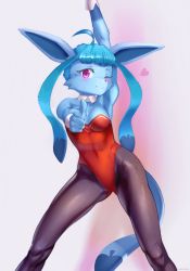 Rule 34 | 1girl, ahoge, ancesra, animal ears, animal nose, armpits, arms up, artist name, bare shoulders, black pantyhose, blue fur, blue hair, blush, body fur, breasts, closed mouth, commission, covered navel, creatures (company), detached collar, female focus, finger gun, freckles, furry, furry female, game freak, gen 4 pokemon, glaceon, gradient background, happy, heart, highleg, highleg leotard, highres, legs apart, leotard, long hair, looking at viewer, medium breasts, nintendo, one eye closed, outstretched arms, pantyhose, personification, pink eyes, playboy bunny, pointing, pointing at viewer, pokemon, pokemon (creature), red leotard, simple background, smile, solo, split mouth, standing, strapless, strapless leotard, tail, twintails, watermark, wink, wrist cuffs