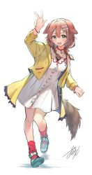 Rule 34 | 1girl, absurdres, animal collar, animal ears, arm up, blood, blood on clothes, blue footwear, bone hair ornament, braid, breasts, brown hair, choker, collar, commentary, disembodied hand, dog ears, dog girl, dog tail, dress, full body, hair between eyes, hair ornament, highres, hololive, inugami korone, inugami korone (1st costume), jacket, looking at viewer, medium breasts, medium hair, nail polish, off shoulder, open clothes, open jacket, open mouth, red choker, red socks, rinki oohen, severed finger, shoes, side braids, signature, simple background, smile, socks, solo, tail, twin braids, v, virtual youtuber, walking, waving, white background, white dress, wristband, yellow eyes, yellow jacket, yellow nails