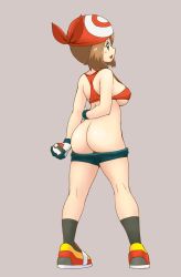 Rule 34 | 1girl, ass, bandana, bare shoulders, bike shorts, blue eyes, blush, breasts, brown hair, butt crack, collarbone, covered erect nipples, cowboy shot, creatures (company), game freak, gloves, highres, huge ass, large breasts, looking at viewer, looking back, may (pokemon), navel, nintendo, pokemon, pokemon (anime), pokemon rse (anime), sidelocks, simple background, smile, solo, standing, tof, white background