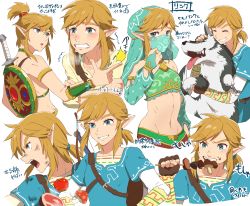 Rule 34 | 1boy, alternate costume, alternate hairstyle, apple, bad id, bad pixiv id, bandeau, blush, brown hair, cold, crossdressing, food, fruit, gerudo set (zelda), grin, groin, high ponytail, link, wolf link, long sleeves, male focus, midriff, mouth veil, multiple persona, multiple views, mushroom, navel, nintendo, official alternate costume, open mouth, pointy ears, riko (sorube), shield, skewer, smile, the legend of zelda, the legend of zelda: breath of the wild, tongue, tongue out, trap, trembling, veil, wolf