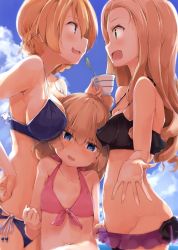 Rule 34 | 10s, 3girls, :d, bikini, blonde hair, blue bikini, blue eyes, blue sky, blush, braid, breast envy, breasts, clara (girls und panzer), cloud, cloudy sky, commentary request, cup, darjeeling (girls und panzer), day, duplicate, flat chest, from side, front-tie top, girl sandwich, girls und panzer, green eyes, highres, katyusha (girls und panzer), large breasts, light brown hair, lowleg, lowleg bikini, medium breasts, medium hair, multiple girls, navel, open mouth, outdoors, outstretched hand, parted bangs, profile, sandwiched, short hair, shuiro (frog-16), side-tie bikini bottom, sky, smile, swimsuit, teacup, tears