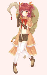 Rule 34 | 1girl, akino kaede, blush, brown gloves, brown shorts, capelet, closed mouth, elbow gloves, gloves, hat, highres, looking at viewer, magia record: mahou shoujo madoka magica gaiden, magical girl, mahou shoujo madoka magica, navel, orange eyes, red hair, shorts, smile, solo, staff, thighhighs, weapon, white background, white thighhighs, witch hat