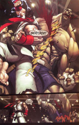 Rule 34 | 2boys, :o, abs, attack, bad anatomy, bald, bandages, barefoot, battle, blood, blood in mouth, brown hair, capcom, ceiling, clenched hands, comic, coughing blood, cuts, dougi, dutch angle, electricity, english text, eyepatch, falling, feet, fighting, fingerless gloves, from behind, gloves, hard-translated, headband, indoors, injury, japanese clothes, joe madureira, jumping, leg lift, legs, lights, looking down, male focus, multiple boys, muscular, no pupils, open mouth, pain, pectorals, pillar, raised fist, ryu (street fighter), sagat, saliva, sash, scar, short hair, shorts, shouryuuken, silhouette, size difference, sleeveless, soles, sound effects, speech bubble, standing, street fighter, third-party edit, topless male, torn clothes, udon entertainment, uppercut, veins