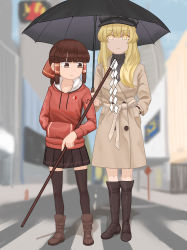 Rule 34 | 2girls, absurdres, alternate costume, alternate headwear, black footwear, black headwear, black sweater, blonde hair, blunt bangs, boots, brown footwear, brown hair, brown legwear, brown skirt, building, city, closed mouth, coat, contemporary, crosswalk, day, drawstring, frown, gohei, hair over shoulder, hair tubes, hakurei reimu, hand in pocket, highres, holding, holding pole, holding umbrella, hood, hood down, hoodie, jewelry, knee boots, long hair, long sleeves, looking at another, looking down, looking to the side, multiple girls, necklace, outdoors, pendant, pleated skirt, pole, red hoodie, road, road sign, rope, shimenawa, short hair, sidelocks, sidewalk, sign, skirt, smile, standing, sweater, thighhighs, touhou, trench coat, turtleneck, turtleneck sweater, umbrella, watch, wristwatch, yakumo yukari, yin yang, yin yang print, zettai ryouiki