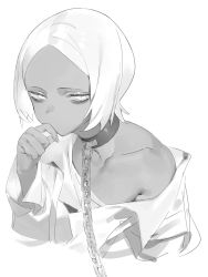 Rule 34 | 1girl, absurdres, amrkdrw, chain, chain leash, chain, choker, collarbone, eyelashes, fingernails, greyscale, half-closed eyes, highres, leash, monochrome, original, short hair, simple background, single bare shoulder, solo, upper body, white background