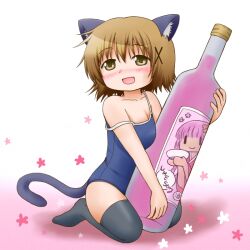 Rule 34 | 1girl, animal ears, black thighhighs, blush, bottle, brown eyes, brown hair, cat ears, cat tail, collarbone, dot nose, fake animal ears, flower, hair ornament, hidamari sketch, holding, holding bottle, one-piece swimsuit, open mouth, school swimsuit, solo, swimsuit, tail, thighhighs, x hair ornament, yuno (hidamari sketch), yunyan s
