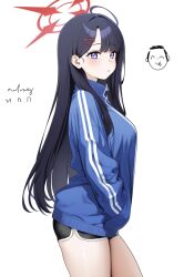 Rule 34 | 1girl, ahoge, doodle sensei (blue archive), black hair, black shorts, blue archive, blue jacket, cowboy shot, dated, dolphin shorts, hair ornament, hairclip, halo, highres, ichika (blue archive), jacket, long hair, long sleeves, parted lips, purple eyes, red halo, sensei (blue archive), shorts, signature, simple background, user mkgm3252, white background