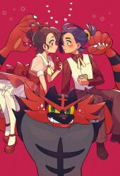 Rule 34 | 1boy, 1girl, alternate costume, blush, brown footwear, brown hair, closed mouth, collared shirt, commentary request, creatures (company), dress, eye contact, game freak, gen 7 pokemon, hand up, heart, highres, holding, incineroar, juliana (pokemon), kieran (pokemon), looking at another, nai gai hongcha, nintendo, pants, pantyhose, pink shirt, pokemon, pokemon (creature), pokemon sv, red footwear, red shirt, shirt, shoes, short sleeves, vest, white pantyhose, white vest, yellow eyes