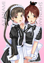 Rule 34 | 2girls, absurdres, alternate costume, ayanami (kancolle), blush, brown eyes, brown hair, enmaided, highres, himura moritaka, kantai collection, long hair, maid, maid day, multiple girls, open mouth, ponytail, shikinami (kancolle), short hair, side ponytail