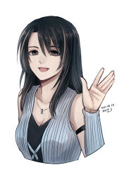 Rule 34 | 1girl, arm ribbon, black hair, black ribbon, black shirt, commentary request, cropped torso, dated, detached sleeves, final fantasy, final fantasy viii, grey eyes, hand up, hiryuu (kana h), jewelry, long hair, multicolored hair, necklace, open mouth, ribbon, rinoa heartilly, shirt, signature, simple background, smile, solo, streaked hair, v-neck, waving, white background