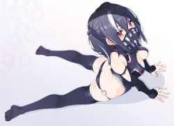 Rule 34 | 1girl, 3:, arm strap, azur lane, bad id, bad pixiv id, bare shoulders, belt, black belt, black gloves, black hair, black leotard, black panties, black thighhighs, bridal gauntlets, butt crack, cleavage cutout, clothing cutout, cross, cross earrings, earrings, elbow gloves, from above, gloves, hair between eyes, hands up, jewelry, leotard, long hair, looking at viewer, multicolored hair, panties, red eyes, sidelocks, skindentation, solo, streaked hair, thighhighs, two side up, u-47 (azur lane), underwear, unimon e, white hair