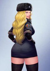 Rule 34 | black hat, black thighhighs, blonde hair, blue eyes, cirenk, from behind, hand on own hip, hands on own hips, hat, highres, kolin, long hair, looking at viewer, russian clothes, smile, solo, street fighter, street fighter v, teeth, thighhighs, upper teeth only