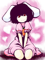 Rule 34 | 1girl, ahoge, animal ears, bad id, bad pixiv id, black hair, rabbit ears, carrot, dress, flat chest, head tilt, heart, inaba tewi, jewelry, looking at viewer, nabau, pendant, pink dress, puffy short sleeves, puffy sleeves, red eyes, seiza, short hair, short sleeves, sitting, solo, touhou, v arms