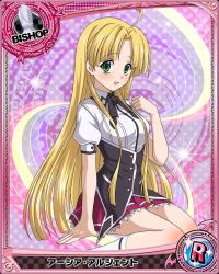 Rule 34 | 10s, 1girl, ahoge, asia argento, bishop (chess), blonde hair, card (medium), character name, chess piece, green eyes, high school dxd, long hair, looking at viewer, official art, pleated skirt, purple skirt, skirt, socks, solo, trading card, white socks