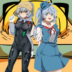 Rule 34 | 2girls, 3girls, ayanami rei, ayanami rei (cosplay), black bodysuit, blonde hair, blue bow, blue eyes, blue hair, blue skirt, blue vest, blush, bodysuit, bow, braid, breasts, cloak, closed mouth, commentary request, cosplay, crossover, detached sleeves, emma hardy, evangelion: 3.0+1.0 thrice upon a time, feet out of frame, gloves, grey cloak, grey sleeves, hair bow, headgear, highres, hood, hooded cloak, interface headset, kurodani yamame, large breasts, long hair, looking at viewer, medium breasts, multiple girls, neck ribbon, neon genesis evangelion, one side up, open mouth, pilot suit, plugsuit, rebuild of evangelion, red eyes, red ribbon, ribbon, rinyamame, science fiction, shirt, short hair, skirt, smile, touhou, twin braids, vest, white gloves, white shirt