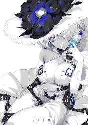 Rule 34 | 10s, 1girl, abyssal ship, artist name, black gloves, blue eyes, breast hold, breasts, cleavage, colored skin, dress, flower, glass, gloves, hair over one eye, hat, hat flower, highres, holding, kantai collection, large breasts, long hair, looking at viewer, parted lips, seaport summer princess, shenq, simple background, smile, solo, sun hat, white background, white dress, white hair, white hat, white skin