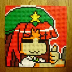 Rule 34 | &gt;:3, 1girl, :3, = =, beret, block (object), braid, chibi, chinese clothes, derivative work, female focus, hat, highres, hong meiling, lego, lego (medium), long hair, photo (medium), pixel art, red hair, solo, star (symbol), thumbs up, touhou, unconventional media, v-shaped eyebrows, you rei (blowback)