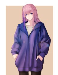 Rule 34 | 1girl, 3 small spiders, absurdres, breasts, closed mouth, expressionless, feet out of frame, girls&#039; frontline, hands in pockets, highres, hood, hoodie, leggings, long hair, looking at viewer, pink hair, purple eyes, purple hoodie, shirt, side ponytail, simple background, small breasts, solo, st ar-15 (girls&#039; frontline), standing, white shirt