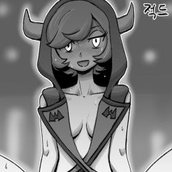 Rule 34 | 1girl, :d, blush, breasts, cleavage, collarbone, courtney (pokemon), courtney (pokemon oras), creatures (company), eyelashes, fake horns, flipped hair, game freak, glowing, greyscale, half-closed eyes, hood, hoodie, horned headwear, horns, looking at viewer, medium breasts, monochrome, naked hoodie, nintendo, nutkingcall, open mouth, outline, pokemon, pokemon oras, short hair, smile, solo, sweat, swept bangs, team magma, translation request, upper body