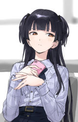 Rule 34 | 1girl, bad id, bad pixiv id, belt, black hair, black neckwear, black ribbon, black skirt, blush, cellphone, closed mouth, collared shirt, commentary, flat chest, grey shirt, hair ribbon, highres, holding, holding phone, idolmaster, idolmaster shiny colors, long hair, looking to the side, mayuzumi fuyuko, orange eyes, own hands together, phone, plaid, plaid shirt, ribbon, shiragixx, shirt, shirt tucked in, simple background, sitting, sketch, skirt, smartphone, solo, straight hair, two side up, upper body, white background, wing collar