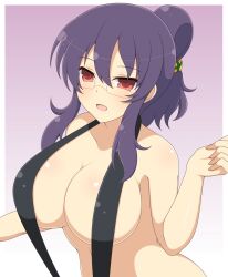 Rule 34 | 1girl, bare shoulders, black one-piece swimsuit, black slingshot swimsuit, blush, body blush, breasts, cleavage, collarbone, folded ponytail, glasses, gradient background, highres, ichiryuu tsumiki, large breasts, linea alba, looking at viewer, one-piece swimsuit, open mouth, purple hair, red-framed eyewear, red eyes, senran kagura, senran kagura shoujo-tachi no shin&#039;ei, sidelocks, slingshot swimsuit, smile, solo, strap gap, suzune (senran kagura), swimsuit, teacher