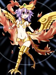 Rule 34 | armor, bare shoulders, bird, black background, breasts, claws, fire, headgear, helment, highres, jewelry, kuromazin19, navel, neptune (neptunia), neptune (series), open mouth, phoenix, purple eyes, purple hair, ring, short hair, small breasts, stomach, tail, thighs, vvvtune, wings, yu-gi-oh!