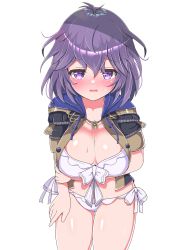 Rule 34 | 1girl, absurdres, bernadetta von varley, bikini, blush, breasts, cleavage, fire emblem, fire emblem: three houses, full-face blush, highres, large breasts, looking at viewer, matching hair/eyes, nintendo, purple eyes, purple hair, simple background, solo, swimsuit, white background