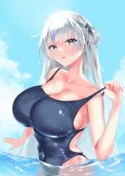 Rule 34 | 1girl, absurdres, alternate breast size, black one-piece swimsuit, blue eyes, blue sky, breasts, cleavage, clothes pull, cloud, commentary, covered navel, english commentary, gawr gura, hair ornament, highres, hololive, hololive english, holomyth, large breasts, long hair, looking at viewer, not human inc, ocean, one-piece swimsuit, one-piece swimsuit pull, open mouth, outdoors, partially submerged, sideboob, silver hair, sky, solo, swimsuit, taut clothes, taut swimsuit, virtual youtuber