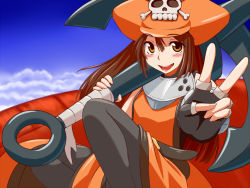 Rule 34 | 1girl, :d, anchor, blush, brown hair, fingerless gloves, foreshortening, gloves, guilty gear, hat, huge weapon, long hair, looking at viewer, may (guilty gear), open mouth, orange hat, orange shirt, over shoulder, pirate hat, raseruta, shirt, sitting, smile, solo, v, weapon, weapon over shoulder, yellow eyes