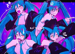 Rule 34 | 4girls, alternate eye color, anger vein, angry, aqua necktie, arm up, blue background, blue hair, blush, clenched teeth, clone, closed eyes, collared shirt, commentary request, cropped torso, crossed arms, crying, detached sleeves, expressions, glaring, gradient background, grey shirt, grimace, hair between eyes, hair ornament, hair rings, hand to own mouth, happy, hatsune miku, highres, imaha (imw nemutai), kidoairaku (vocaloid), letterboxed, long hair, multiple girls, necktie, notice lines, open mouth, outline, outside border, outstretched arms, pink background, pointing, sad, shaded face, shirt, sleeveless, sleeveless shirt, sleeves past fingers, sleeves past wrists, smile, song name, sparkle, teardrop, teeth, tongue, tongue out, twintails, v-shaped eyebrows, vocaloid, wavy hair, white eyes, white outline