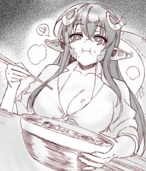 1girl blush bowl breasts chewing chopsticks cleavage collarbone commentary eating fei_(bell_fei) food food_on_face greyscale hair_between_eyes hair_ornament heart highres holding holding_bowl holding_chopsticks lamia long_hair medium_breasts miia_(monster_musume) monochrome monster_girl monster_musume_no_iru_nichijou pointy_ears scales solo sparkling_eyes steam upper_body