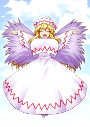 Rule 34 | 1girl, :d, blonde hair, blue sky, blush, breasts, character request, cloud, cloudy sky, covered erect nipples, dress, facing viewer, flying, hat, highres, itou yuuji, large breasts, lily white, long dress, long hair, long sleeves, open mouth, outstretched arms, shirt, shirt overhang, sky, smile, solo, spread arms, spread wings, touhou, white dress, white hat, white shirt, wide sleeves
