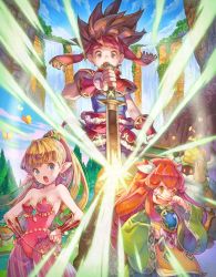 Rule 34 | 2boys, 2girls, absurdres, blonde hair, blue sky, breasts, brown hair, cleavage, commentary, earrings, glowing, haccan, hands on own hips, highres, jewelry, looking at viewer, multiple boys, multiple girls, official art, open mouth, pointy ears, ponytail, popoi (seiken densetsu 2), primm (seiken densetsu 2), randi (seiken densetsu 2), seiken densetsu, seiken densetsu 2, sky, spiked hair, square enix, sword, water, waterfall, weapon